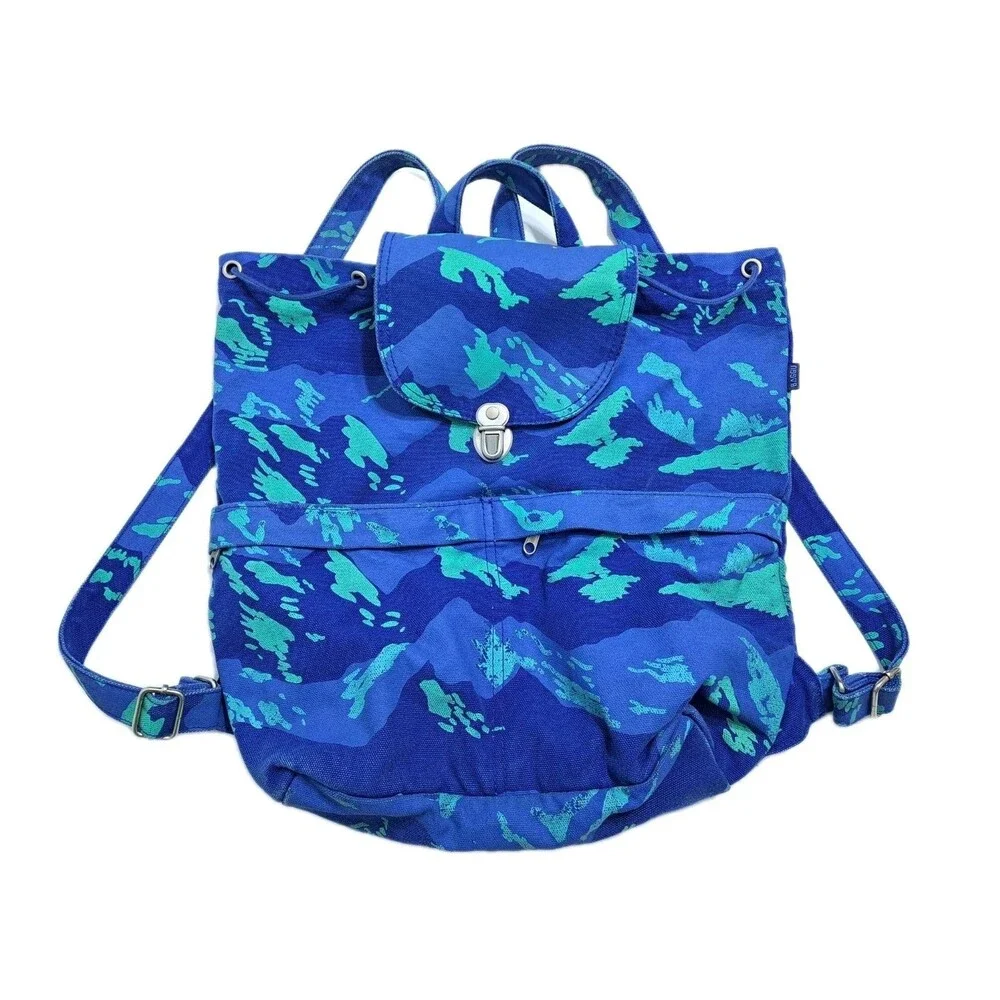 Baggu Backpack Night Mountain Blue Camo Drawstring Canvas Bag Travel Rare